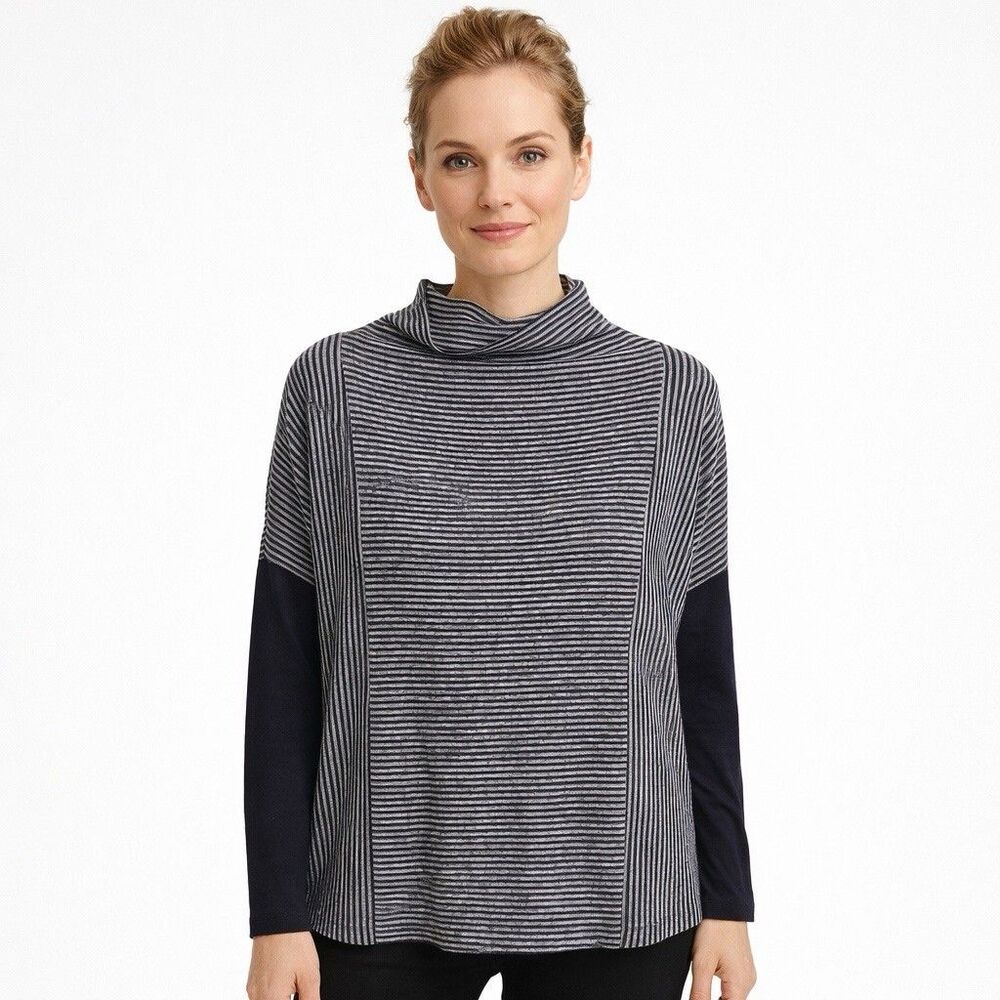 Jones New York Top Black Gray Striped Cowl Neck Long Sleeve Size XS
